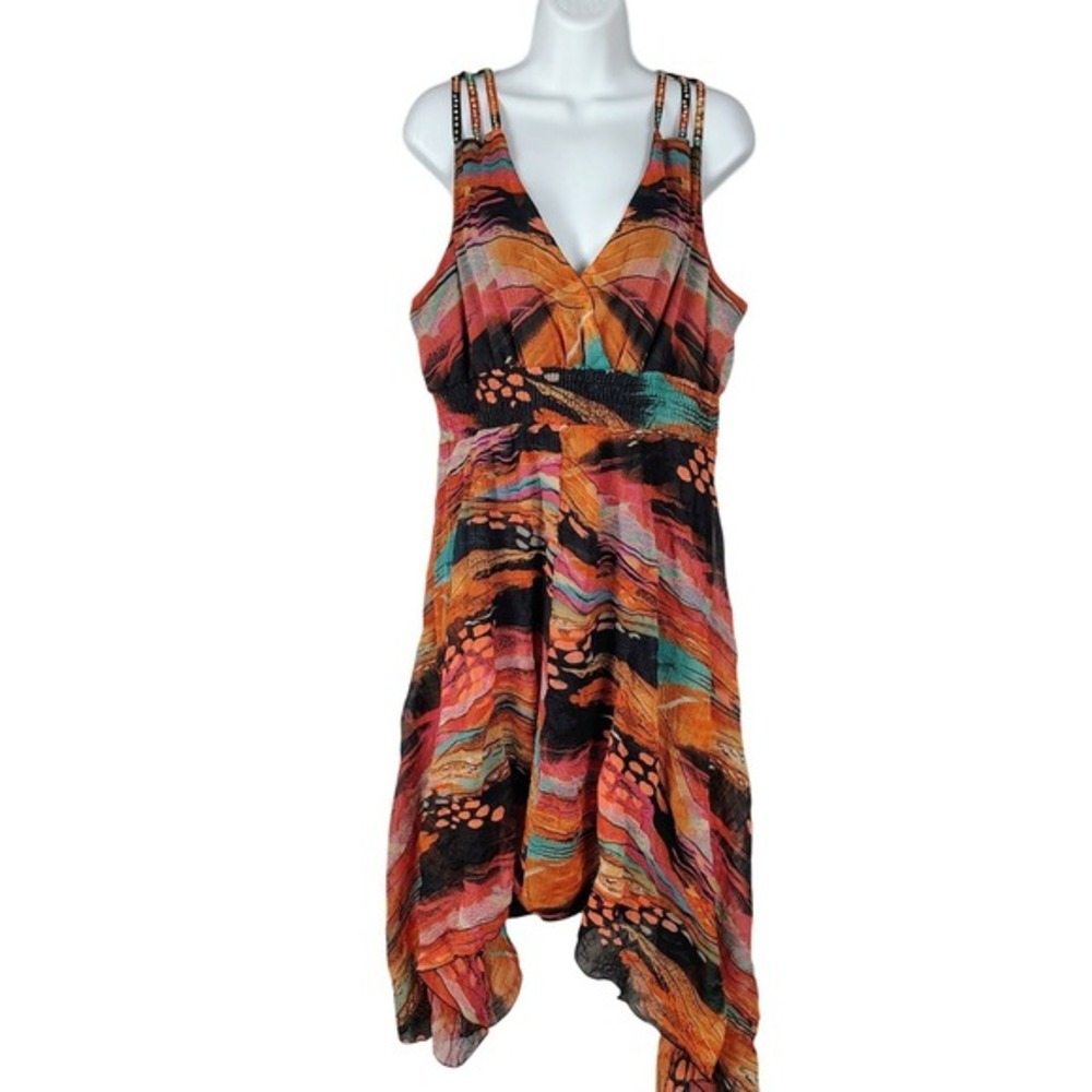 Jessica Taylor 1X Abstract Studded Strap Handkerchief Hem Dress southwestern‎